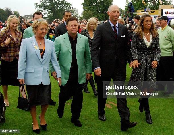 Europe's Ian Woosnam with wife Glendryth and Tom Lehman with wife Melissa leave from the opening ceremony of the 36th Ryder Cup at the K Club, Co...
