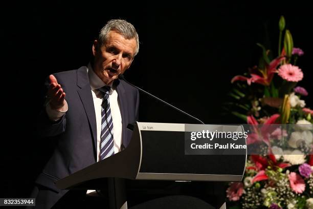 Bruce McAvaney delivers a eulogy during the funeral service for Betty Cuthbert at Mandurah Performing Arts Centre on August 16, 2017 in Mandurah,...