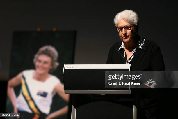Dawn Fraser delivers a eulogy during the funeral service for Betty Cuthbert at Mandurah Performing Arts Centre on August 16, 2017 in Mandurah,...