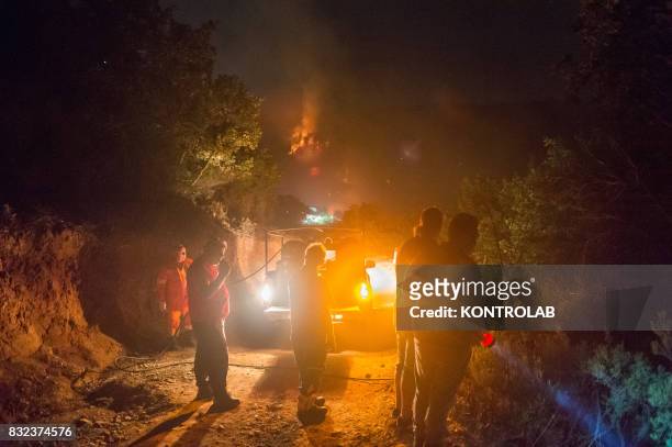 Volunteers and citizens work to extinguish a vast fire in Sila, in Calabria, southern Italy.