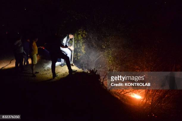Volunteers work to extinguish a vast fire in Sila , in Calabria, southern Italy.