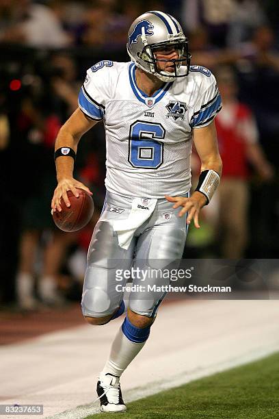 Quarterback Dan Orlovsky of the Detroit Lions steps out of the back of the endzone for a safety against the Minnesota Vikings at the HHH Metrodome...