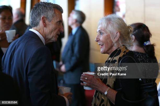 Marie Johnston talks with Bruce McAvaney following the funeral service for Betty Cuthbert at Mandurah Performing Arts Centre on August 16, 2017 in...