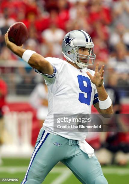 Tony Romo of the Dallas Cowboys looks to pass during the game against the Arizona Cardinals at University of Phoenix Stadium on October 12, 2008 in...