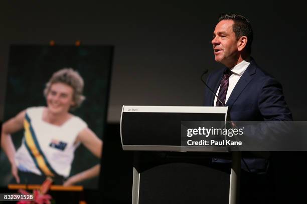 Celebrant Kevin Clune addresses the attendees during the funeral service for Betty Cuthbert at Mandurah Performing Arts Centre on August 16, 2017 in...