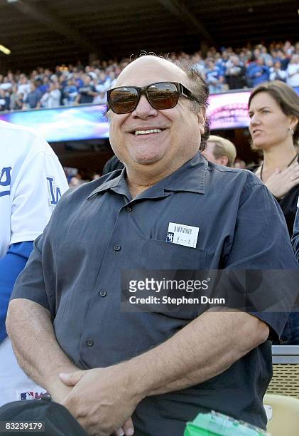 Actor Danny DeVito watches Game Three of the National League Championship Series between the Los Angeles Dodgers and the Philadelphia Phillies during...