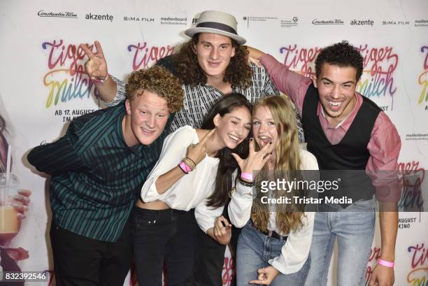 Emily Kusche, Flora Li Thiermann and the band Kicker Dibs attend the 'Tigermilch' Premiere at Kino in der Kulturbrauerei on August 15, 2017 in...