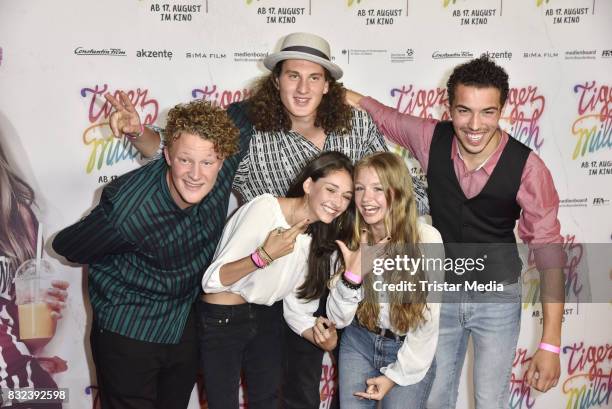 Emily Kusche, Flora Li Thiermann and the band Kicker Dibs attend the 'Tigermilch' Premiere at Kino in der Kulturbrauerei on August 15, 2017 in...