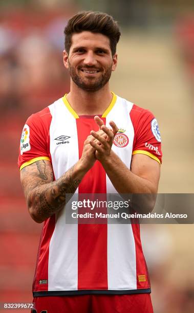 Carles Planas of Girona looks on prior to the pre-season friendly match between Girona and Manchester City at Municipal de Montilivi Stadium on...