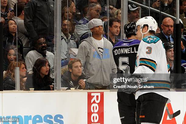 Actors Shenae Grimes, Jessica Stroup, Dustin Milligan , and Tristan Wilds attend the game between the San Jose Sharks and the Los Angeles Kings on...