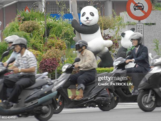 Motorcyclists ride past two panda models recently erected outside Taipei's Sungshan airport on October 13, 2008. Taiwan's China-friendly Kuomintang...