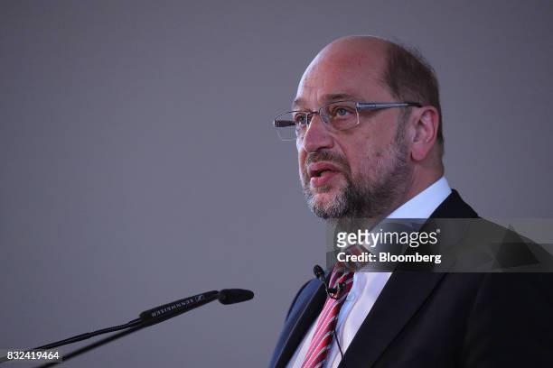 Martin Schulz, Social Democrat Party candidate for German Chancellor, delivers a speech on refugees and integration in Berlin, Germany, on Tuesday,...