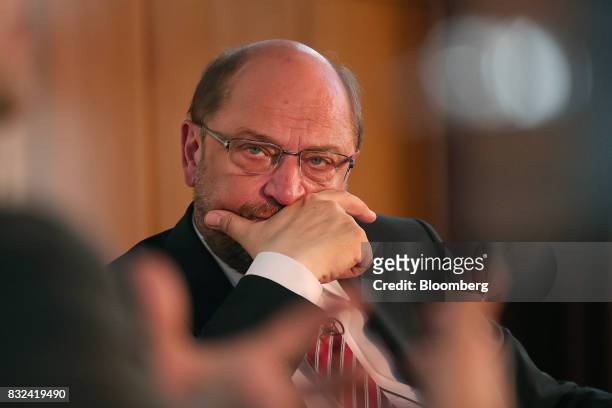 Martin Schulz, Social Democrat Party candidate for German Chancellor, pauses during a panel discussion after delivering a speech on refugees and...