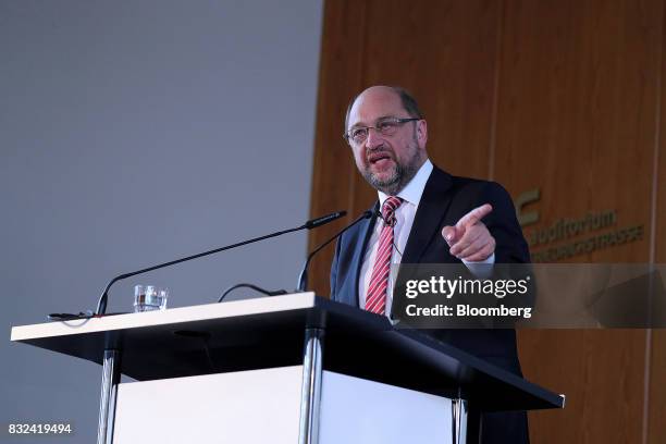 Martin Schulz, Social Democrat Party candidate for German Chancellor, delivers a speech on refugees and integration in Berlin, Germany, on Tuesday,...