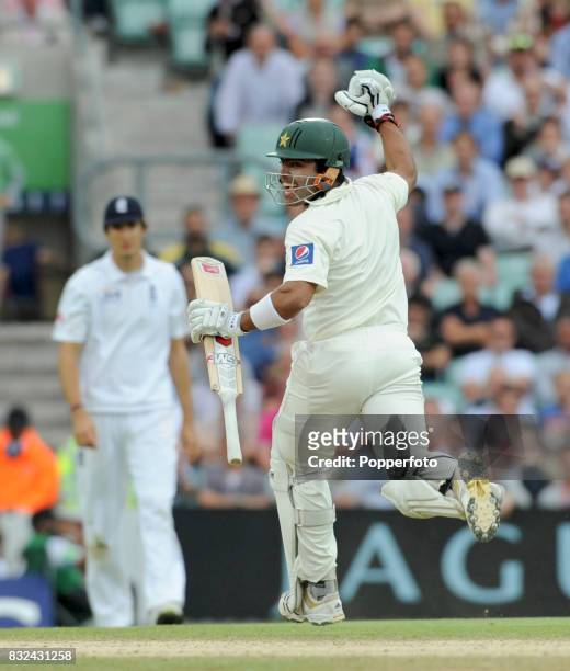Umar Akmal of Pakistan celebrates hitting the winning run to claim victory for his team during day 4 of the 3rd Test between England and Pakistan at...