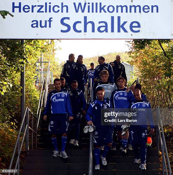 The players of Schalke attend to a training session without Kevin Kuranyi prior to a press conference at the Veltins Arena on October 13, 2008 in...