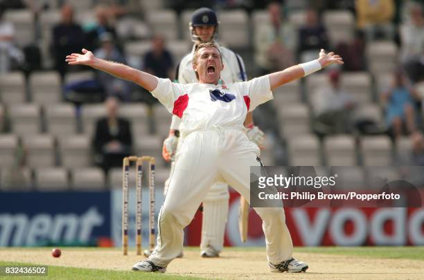 Dominic Cork of Lancashire apppeals unsuccessfully for the wicket of Hampshire's Michael Brown during the County Championship match between Hampshire...