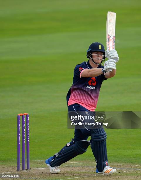 Liam Trevaskis of England U19s bats during the 5th Youth ODI match between England U19s and India Under 19s at The Cooper Associates County Ground on...