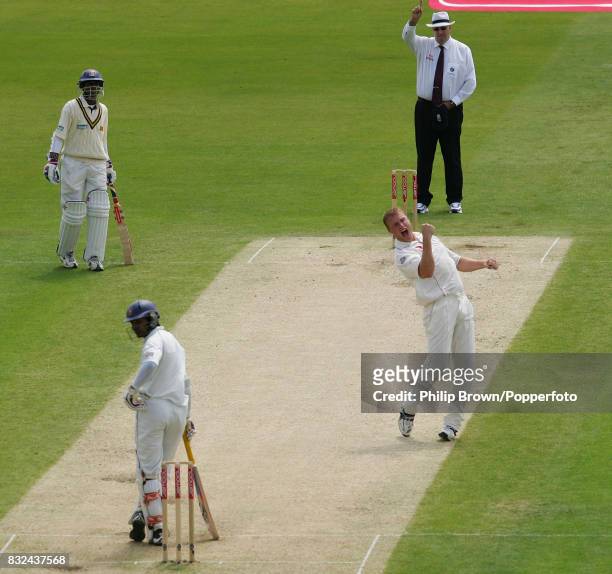 England bowler Andrew Flintoff celebrates the wicket of Sri Lanka's Kumar Sangakkara during the 3rd Test match between England and Sri Lanka at Trent...
