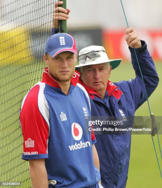 England captain Andrew Flintoff with team coach Duncan Fletcher during a training session before the 3rd Test match between England and Sri Lanka at...