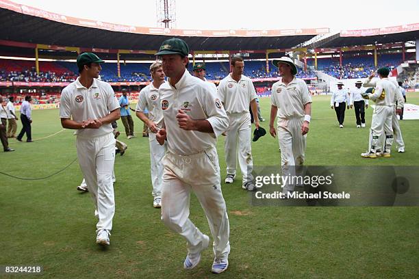 Ricky Ponting the captain of Australia walks off after the First Test match between India and Australia was drawn at the M.Chinnaswamy Stadium on...