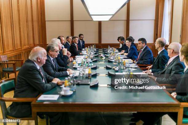 German Foreign Minister and Vice Chancellor Sigmar Gabriel meets with the members of the Deep Cuts Commission for nuclear disarmament on August 16,...