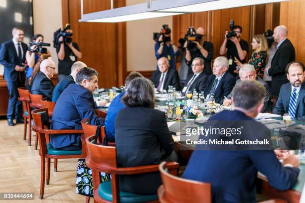 German Foreign Minister and Vice Chancellor Sigmar Gabriel meets with the members of the Deep Cuts Commission for nuclear disarmament on August 16,...