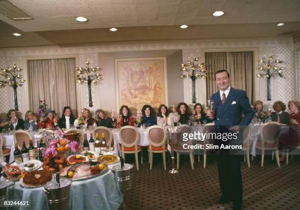 Italian-born restaurateur Sirio Maccioni with clients at Le Cirque, his establishment in New York, April 1981. Among the diners are socialites...