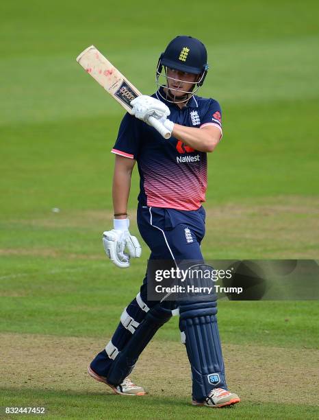 Liam Banks of England U19s celebrates his half century during the 5th Youth ODI match between England U19s and India Under 19s at The Cooper...