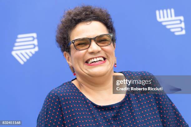 Scottish poet and novelist Jackie Kay attends a photocall during the annual Edinburgh International Book Festival at Charlotte Square Gardens on...