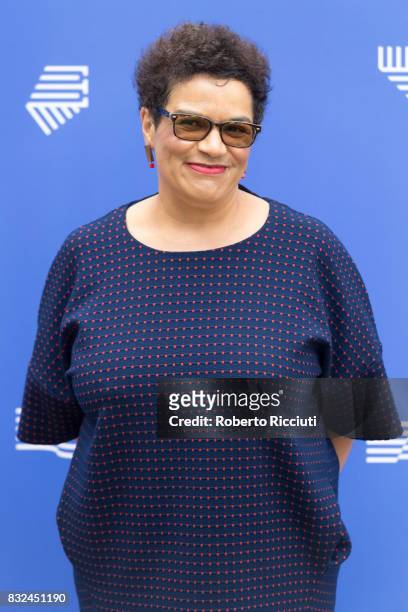Scottish poet and novelist Jackie Kay attends a photocall during the annual Edinburgh International Book Festival at Charlotte Square Gardens on...