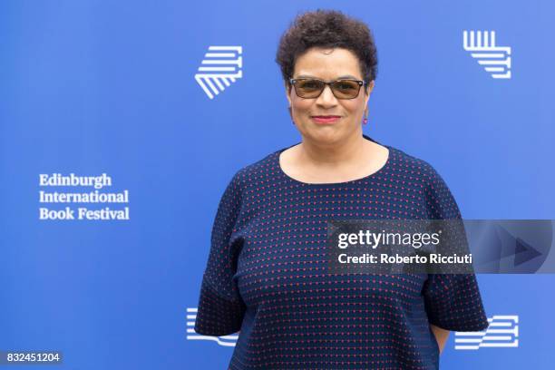 Scottish poet and novelist Jackie Kay attends a photocall during the annual Edinburgh International Book Festival at Charlotte Square Gardens on...