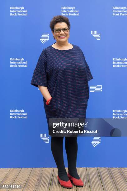 Scottish poet and novelist Jackie Kay attends a photocall during the annual Edinburgh International Book Festival at Charlotte Square Gardens on...