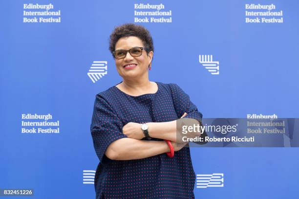 Scottish poet and novelist Jackie Kay attends a photocall during the annual Edinburgh International Book Festival at Charlotte Square Gardens on...