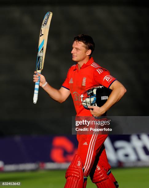 Jos Buttler of England celebrates victory following the 4th One Day International between England and Australia at Sophia Gardens in Cardiff on 14th...