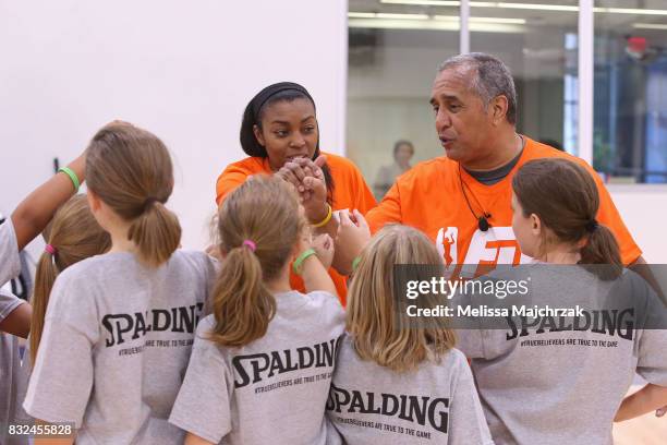 Renee Montgomery of the Minnesota Lynx interacts with young fans during a WNBA FIT Clinic at The Courts at Mayo Clinic Square on August 14, 2017 in...