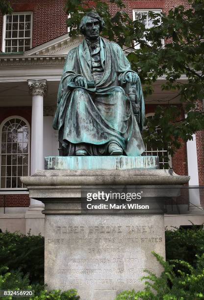 The statue of US Supreme Court Chief Justice Roger Brooke Taney sits in front of the Maryland State House, on August 16, 2017 in Annapolis, Maryland....