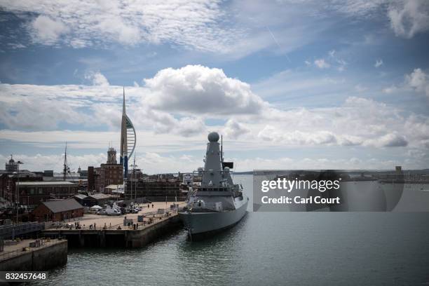 Diamond is pictured from the flight deck of HMS Queen Elizabeth on August 16, 2017 in Portsmouth, England. HMS Queen Elizabeth is the lead ship in...