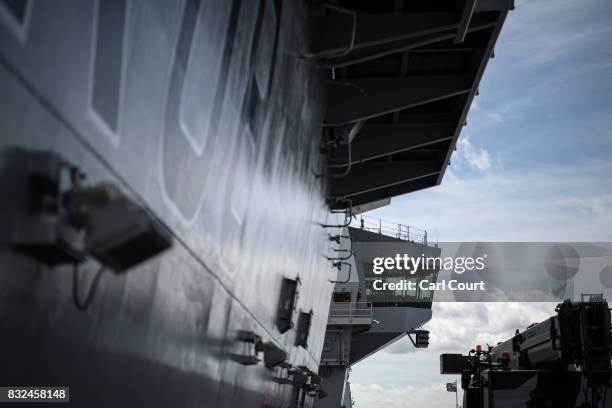 The flight communications room is pictured on HMS Queen Elizabeth shortly after her arrival in Portsmouth Naval Docks on August 16, 2017 in...