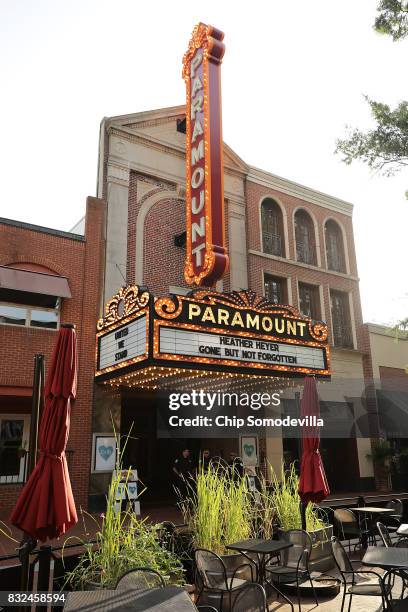 The Paramount Theater marquee bears to name of Heather Heyer, who was killed when a car slamed into a crowd of people protesting against a white...