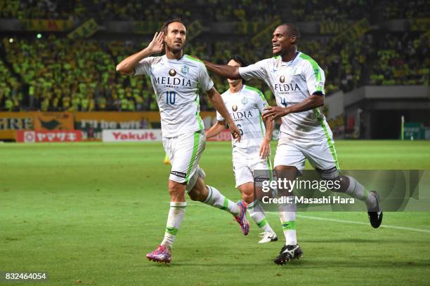 Dragan Mrdja of Shonan Bellmare celebrates the first goal during the J.League J2 match between JEF United Chiba and Shonan Bellmare at Fukuda Denshi...