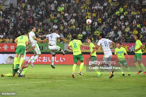 Dragan Mrdja of Shonan Bellmare scores the first goal during the J.League J2 match between JEF United Chiba and Shonan Bellmare at Fukuda Denshi...