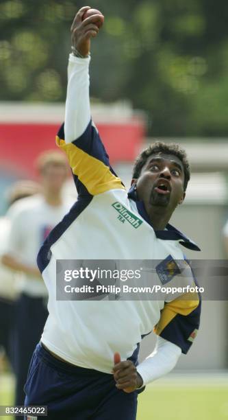 Muttiah Muralitharan of Sri Lanka bowls during a training session before the 1st Test match between England and Sri Lanka at Lord's Cricket Ground,...