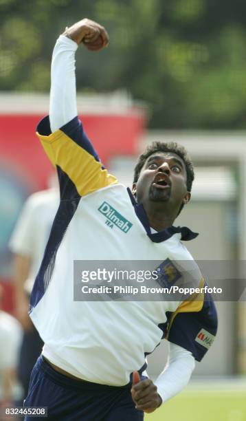 Muttiah Muralitharan of Sri Lanka bowls during a training session before the 1st Test match between England and Sri Lanka at Lord's Cricket Ground,...