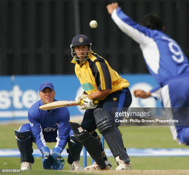 Nic Pothas of Hampshire waits for a delivery from Sussex bowler Mushtaq Ahmed during the Cheltenham and Gloucester Trophy match between Sussex and...