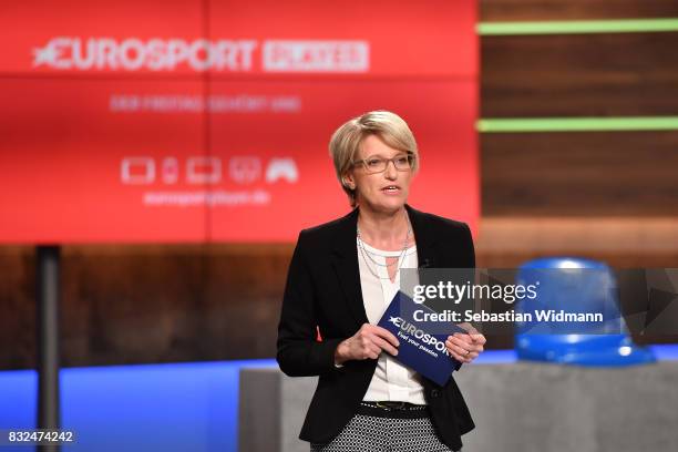 Susanne Aigner-Drews, Managing Director Discovery Communications Deutschland speaks during the Eurosport Bundesliga Media Day on August 16, 2017 in...