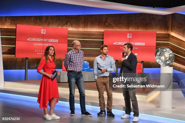 Birgit Noessing , Matthias Stach, Philipp Eger and Marco Hagemann talk on stage during the Eurosport Bundesliga Media Day on August 16, 2017 in...