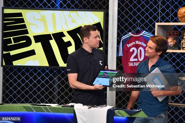 Tobias Hlusiak and Max Zielke of the #TGIM - Stream Team talk during the Eurosport Bundesliga Media Day on August 16, 2017 in Unterfohring, Germany.