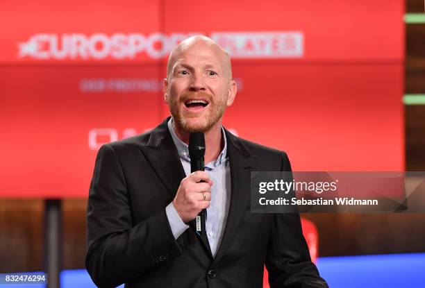 Matthias Sammer talks during the Eurosport Bundesliga Media Day on August 16, 2017 in Unterfohring, Germany.