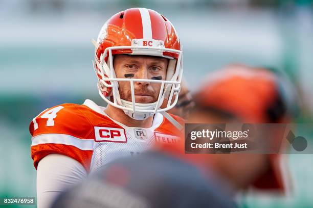 Travis Lulay of the BC Lions on the sideline during the game between the BC Lions and the Saskatchewan Roughriders at Mosaic Stadium on August 13,...